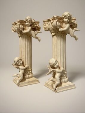Vintage Resin Cherub Column Pedestal Candle Holders Pair 8.5” Neo Baroque